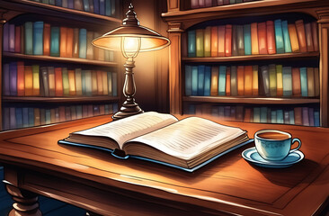cartoon illustration, Book in library with open textbook on table, on the background of shelves and cabinets with books, education learning concept.