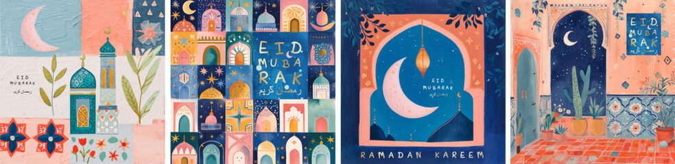 Happy Ramadan Kareem. Eid Mubarak. Vector cute trendy illustration of mosque, lantern, crescent, curly window and patchwork pattern for greeting card, congratulation, background or poster - obrazy, fototapety, plakaty