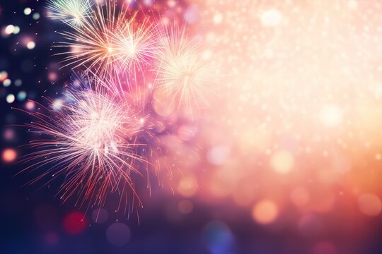 Multi-colors Fireworks and bokeh in New Year eve and copy space. Abstract background holiday
