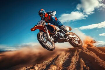 Dynamic Capture of a Motocross Rider in Action, Soaring Over Rugged Terrain Under a Majestic Sky, Exuding Power and Speed