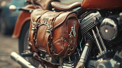 Leather vintage black saddlebags for custom motorbike in the side back to keep the luggage to go. - obrazy, fototapety, plakaty
