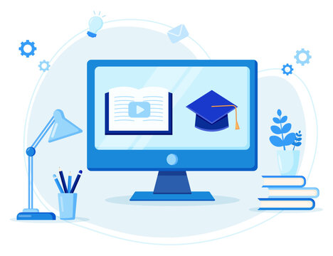 Online classes concept on monitor screen for e-learning course, webinar and online education on desktop, vector flat illustration