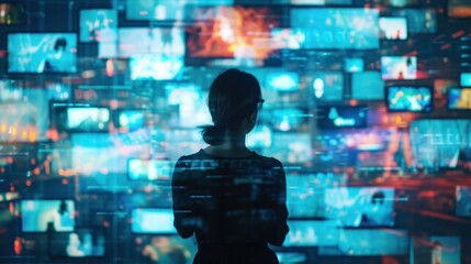 Social media concept women looking for a lot photo , person navigating the blurred lines between the virtual and physical worlds, highlighting the impact of technology on daily life