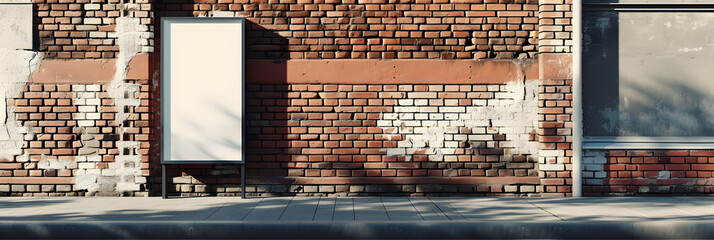 Side view of a white pylon stand with a brick building, an empty advertising tower for commercial information. Template for advertising with a clear rectangular monitor or light box.
