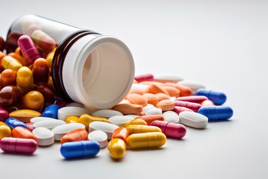 Variety of colorful pills and capsules around open bottle