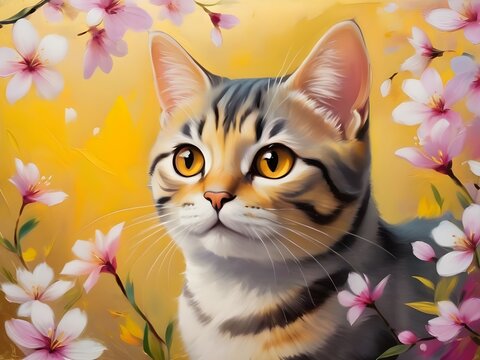 cat and flowers painting