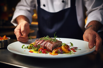 Chef serving a dish of beef tenderloin on a white plate