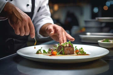 Obraz na płótnie Canvas Chef in a restaurant preparing and decorating food, delicious dish