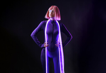 Fototapeta premium Woman in futuristic costume. Female in modern VR glasses interacting with network while having virtual reality experience. Augmented reality game, future technology, AI concept. VR. 