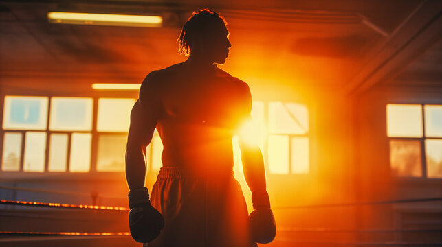 Silhouette of a Boxer in the Intensity of Training: Shadows and Strive
