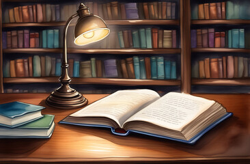 cartoon illustration, Book in library with open textbook on table, on the background of shelves and cabinets with books, education learning concept