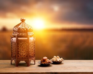 Ornamental beautiful Arabic lantern with candle glowing