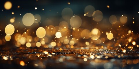 gold Sparkling Lights Festive background with texture. Abstract Christmas twinkled bright bokeh defocused and Falling stars. Winter Card or invitation