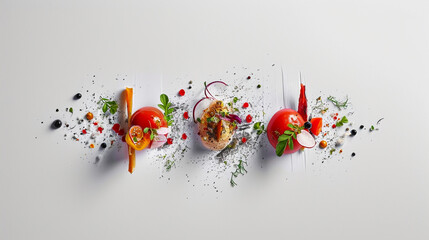 Creative Michelin-starred dishes using different ingredients, very creative shapes, and food placed directly on a black background, The Art of Cooking.