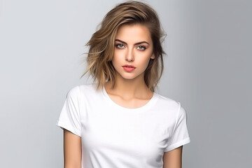 Obraz premium Woman in White Tshirt Mockup created with Generative AI