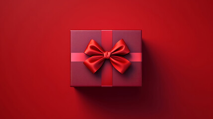 Box, gift and present with bow on red background for surprise prize giving, celebration or party event. Bow, ribbon, wrapping paper and package for Christmas, birthday or special day giveaway.