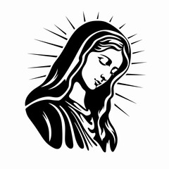 Our Lady Virgin Mary Mother of Jesus, Holy Mary, madonna, vector illustration, black on white background, printable, suitable for logo, sign, tattoo, laser cutting, sticker and other print on demand	