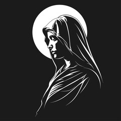 Holy Mary, Our Lady Virgin Mary Mother of Jesus, madonna, vector illustration, black on white background, printable, suitable for logo, sign, tattoo, laser cutting, sticker and other print on demand	