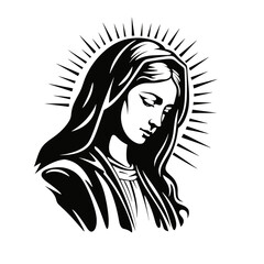 Madonna,  Our Lady Virgin Mary Mother of Jesus, Holy Mary, vector illustration, black on white background, printable, suitable for logo, sign, tattoo, laser cutting, sticker and other print on demand	