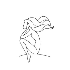 Woman abstract silhouette, single line on white background, continuous line drawing, tattoo and logo design, isolated vector illustration.