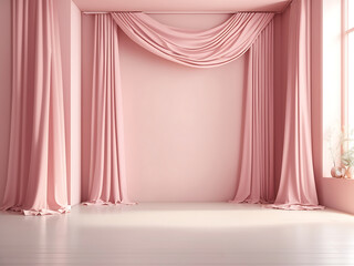 Mock-up 3D rendering. Pastel pink empty wall in a room with silk curtain drapes. Template for product presentation. Living, gallery, studio, office concept.