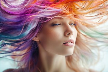 Artistic Expression in Hair A Close-Up View of Multicolored Hair Strands Flowing Freely, Showcasing a Mesmerizing Blend of Vivid Reds, Oranges, Purples, and Teals