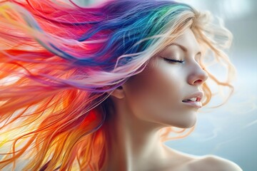 Fototapeta premium Artistic Expression in Hair A Close-Up View of Multicolored Hair Strands Flowing Freely, Showcasing a Mesmerizing Blend of Vivid Reds, Oranges, Purples, and Teals