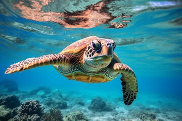 Naklejka na ściany i meble a sea turtle swims in the azure waters. Generative AI