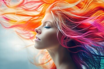 Artistic Expression in Hair A Close-Up View of Multicolored Hair Strands Flowing Freely, Showcasing a Mesmerizing Blend of Vivid Reds, Oranges, Purples, and Teals