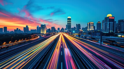 Fototapeta premium Long exposure of highway background is city night time, transportation concept