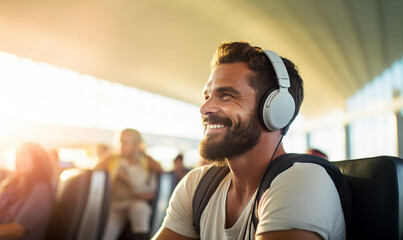 Man waiting for his flight at the airport, man in headphones at the sitting at the terminal in...