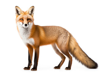 Red Fox, a Majestic Predator: Cute and Alert Creature with Fiery Red Fur, Standing in a Snowy Forest on a White Background