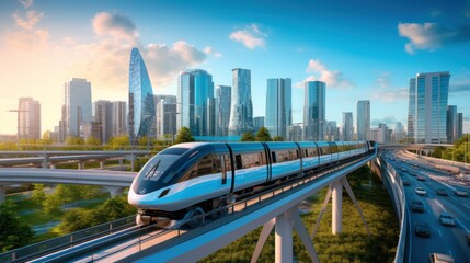 Naklejka premium Transportation concept of train running on tracks and in the background there are complex roads intersecting each other and city