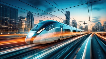 Fototapeta premium Transportation concept of train running on tracks and in the background there are complex roads intersecting each other and city