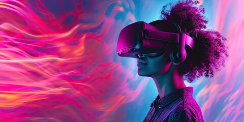 Technology in virtual reality entertainment with woman wearing headset device for modern VR game in digital future tech experiencing glasses in simulation visual cyberspace wearable equipment - obrazy, fototapety, plakaty