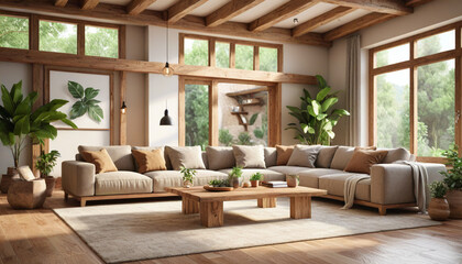 Eco-friendly living room design, large biophilic elements, natural light, sustainable materials, earthy tones, open plan, wooden beams, stone accents, comfortable and organic furniture, large leafy