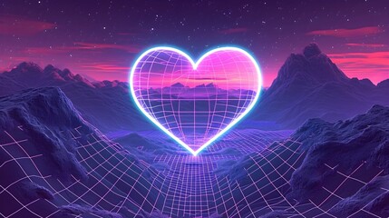 Heart with neon light, pink blue sky, Neon lighting love shape.Valentine's Day  banner, poster, and postcard design
