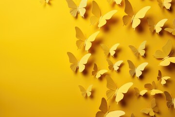 Yellow Butterflies. Paper Butterflies Flying in Different Directions on Wall for Abstract Art