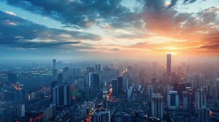 Fototapeta premium Cityscape from a height at sunset