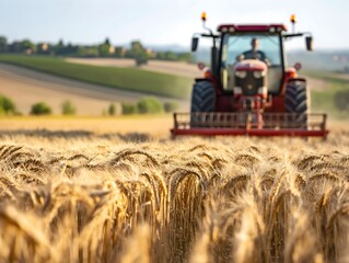 Obraz premium Agricultural Abundance: Modern Tractor Harvesting Wheat in Lush Farmland