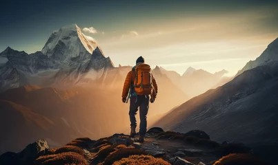 Fotobehang Himalaya Male hiker traveling, walking alone in Himalayas under sunset