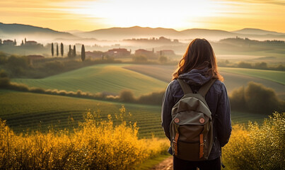 Female hiker traveling, walking alone Italian Tuscan Landscape view under sunset light. Woman traveler enjoys with backpack hiking in mountains. Travel, adventure, relax, recharge concept.