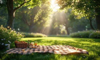 delightful picnic scene set in a serene park, bathed in golden sunlight. A soft, checkered blanket spreads across the lush green grass