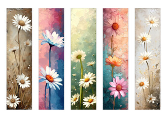 Beautiful bookmarks for book lovers, set of 5, decorative design, size of bookmarks 4,5cm x 18cm, illistration, PNG, love to read, Shabby Chic Daisy Bookmarks, Decorative Spring Bookmark