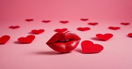 red lips surrounded by small paper hearts in red and white on a pink background. The overall mood of the image is playful and flirting. The concept of Valentine's Day, Romance, Wedding