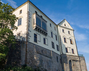 view of Orlik castle over Orlik reservoir. Beautiful gothic landmark over the lake. Orlik nad...