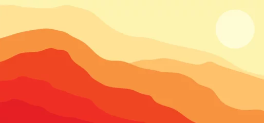 Foto op Plexiglas Abstract summer orange and yellow landscape illustrations. Mountains, sun, moon, sunset, desert, hills minimalist design. Trendy mid century art, boho home decor, wall art. wide art landscape design   © ribelco