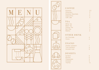 Cafe design menu. Coffee drinks menu price list for cafe, coffee shop vector template. Coffee linear print. Pattern with coffee theme in geometric minimalistic style.  - 712408318