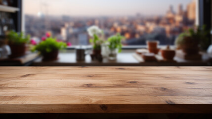 Fototapeta na wymiar Wooden tabletop over defocused kitchen background , Generate Ai