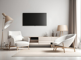 Mockup a TV wall mounted with an armchair in the modern minimalist interior with a white wall.3d rendering